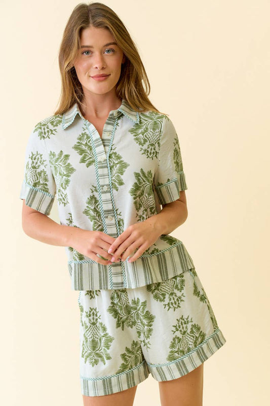 PRINT & STRIPE MIX BUTTON DOWN SHORT SLEEVE SHIRT