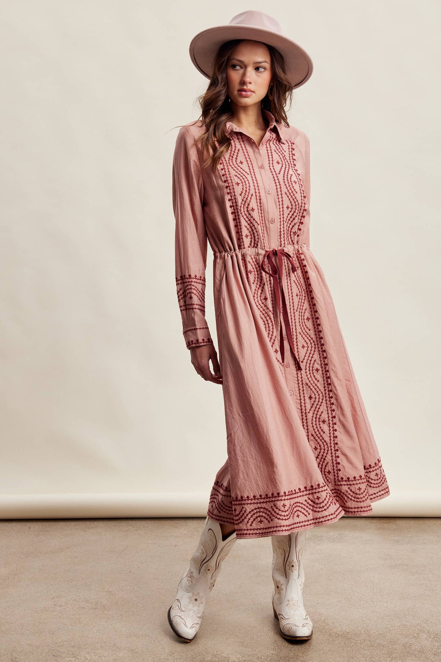 Embroidered Button Front Midi