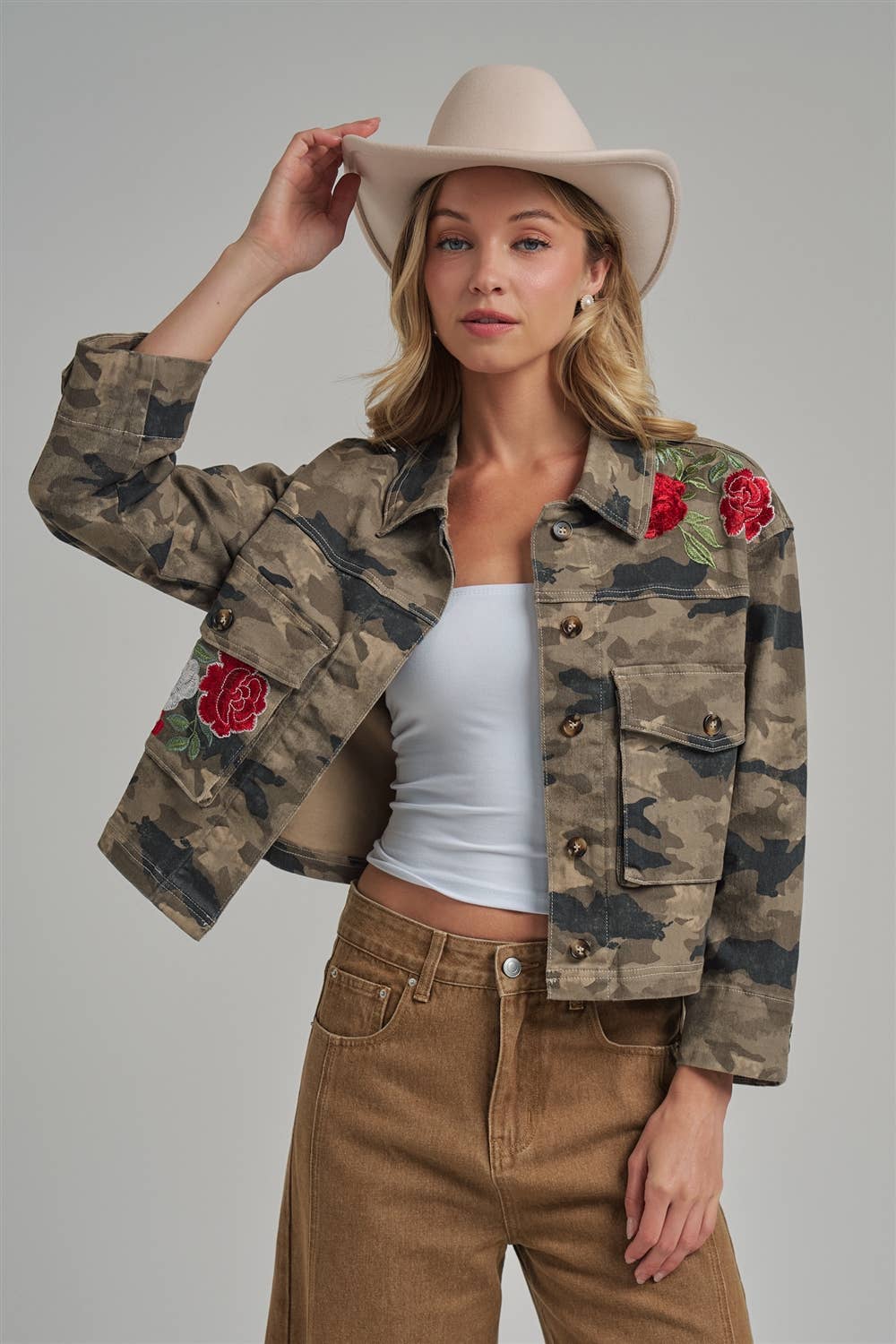 CAMOUFLAGE JACKET WITH FLORAL EMBROIDERY