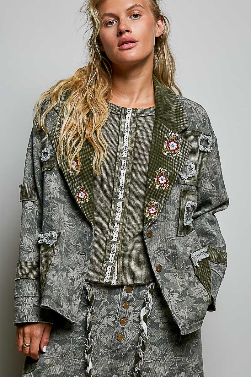 Vintage Wash Thermal Patch Floral Embroidery Jacket Top