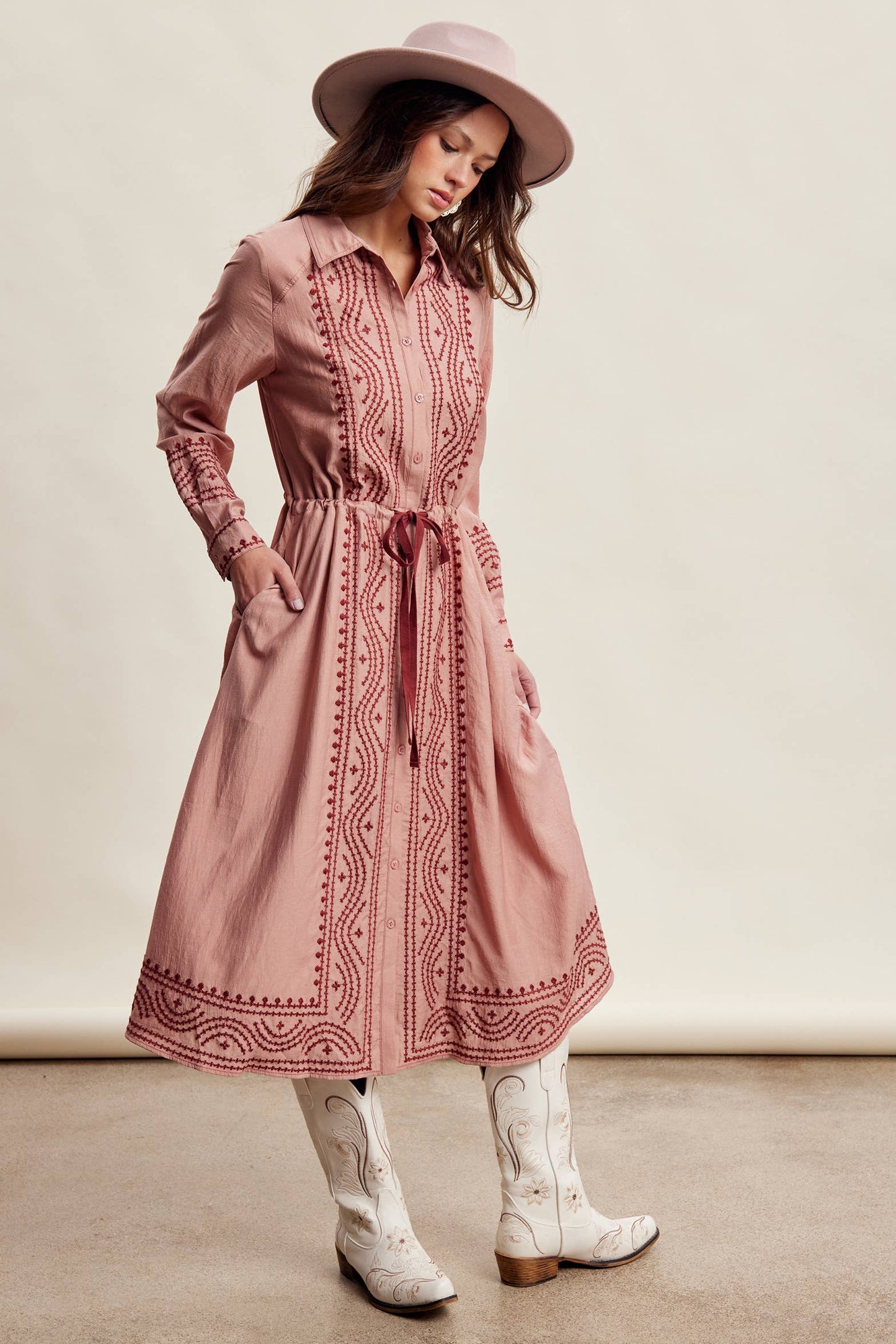 Embroidered Button Front Midi