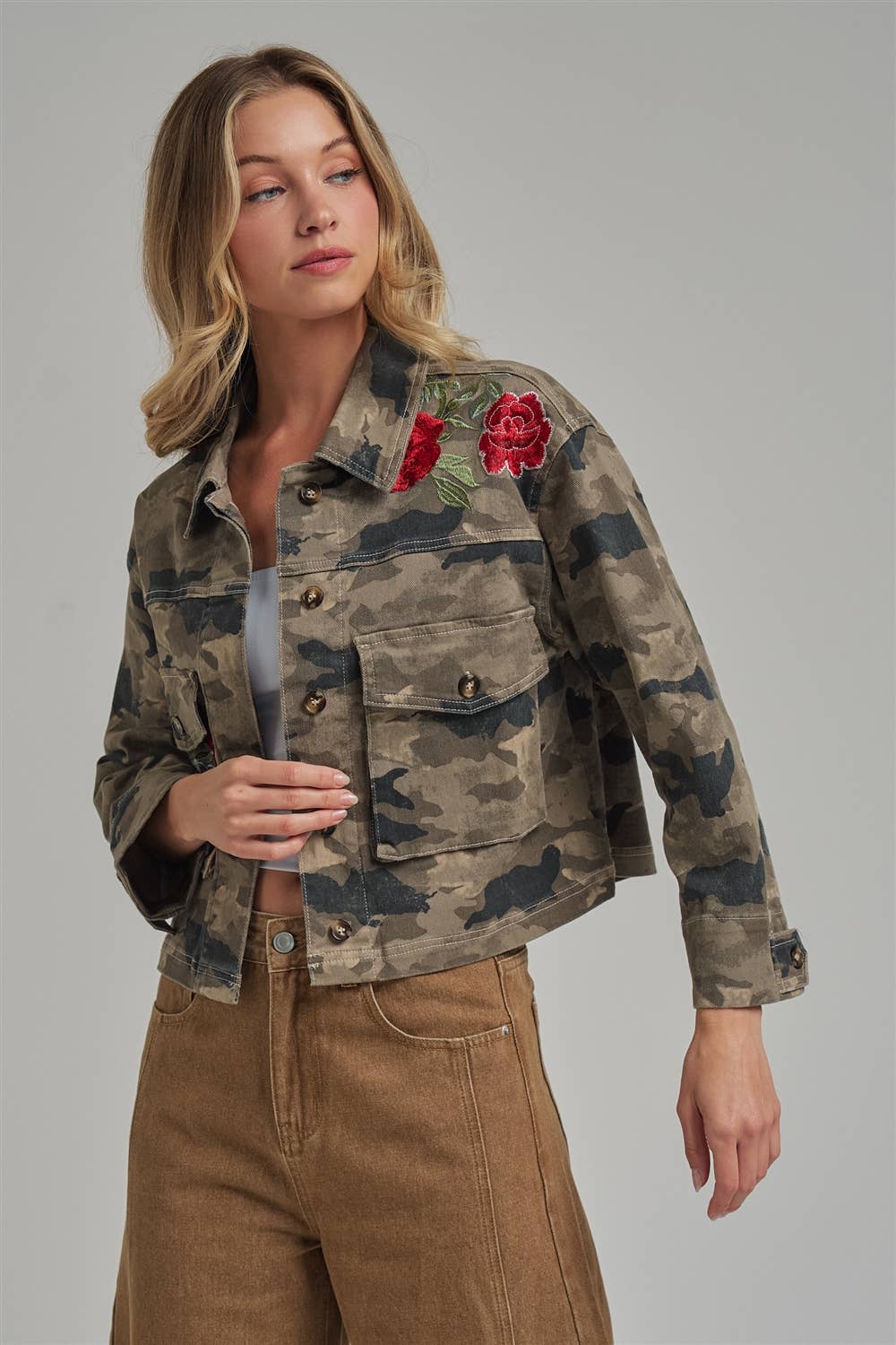 CAMOUFLAGE JACKET WITH FLORAL EMBROIDERY