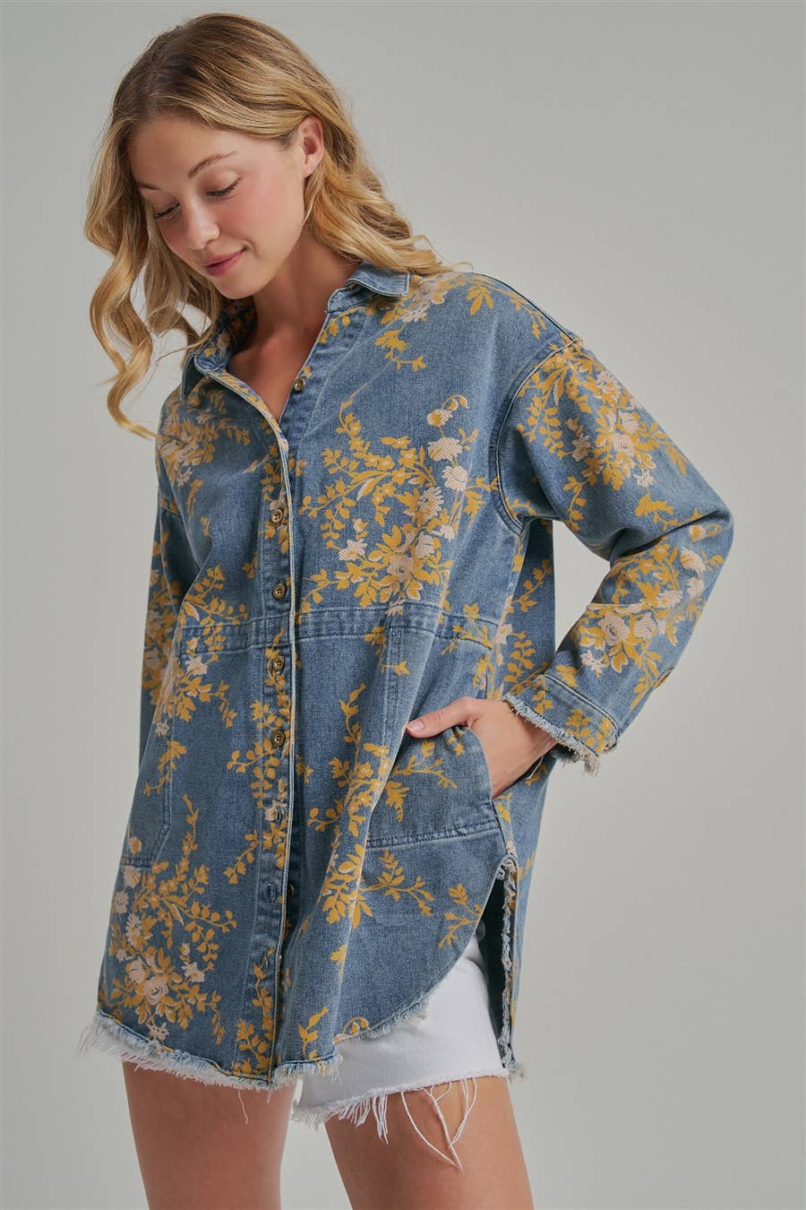 FLORAL DENIM RELAXED SHIRT TOP WITH POCKETS