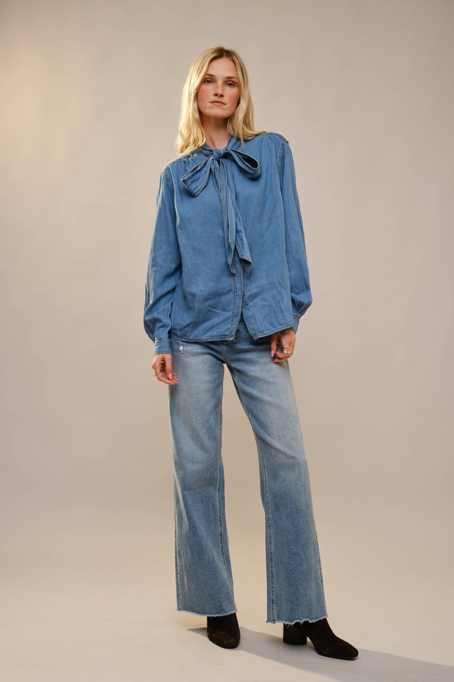 Tie Neck Hidden Button Chambray Blouse