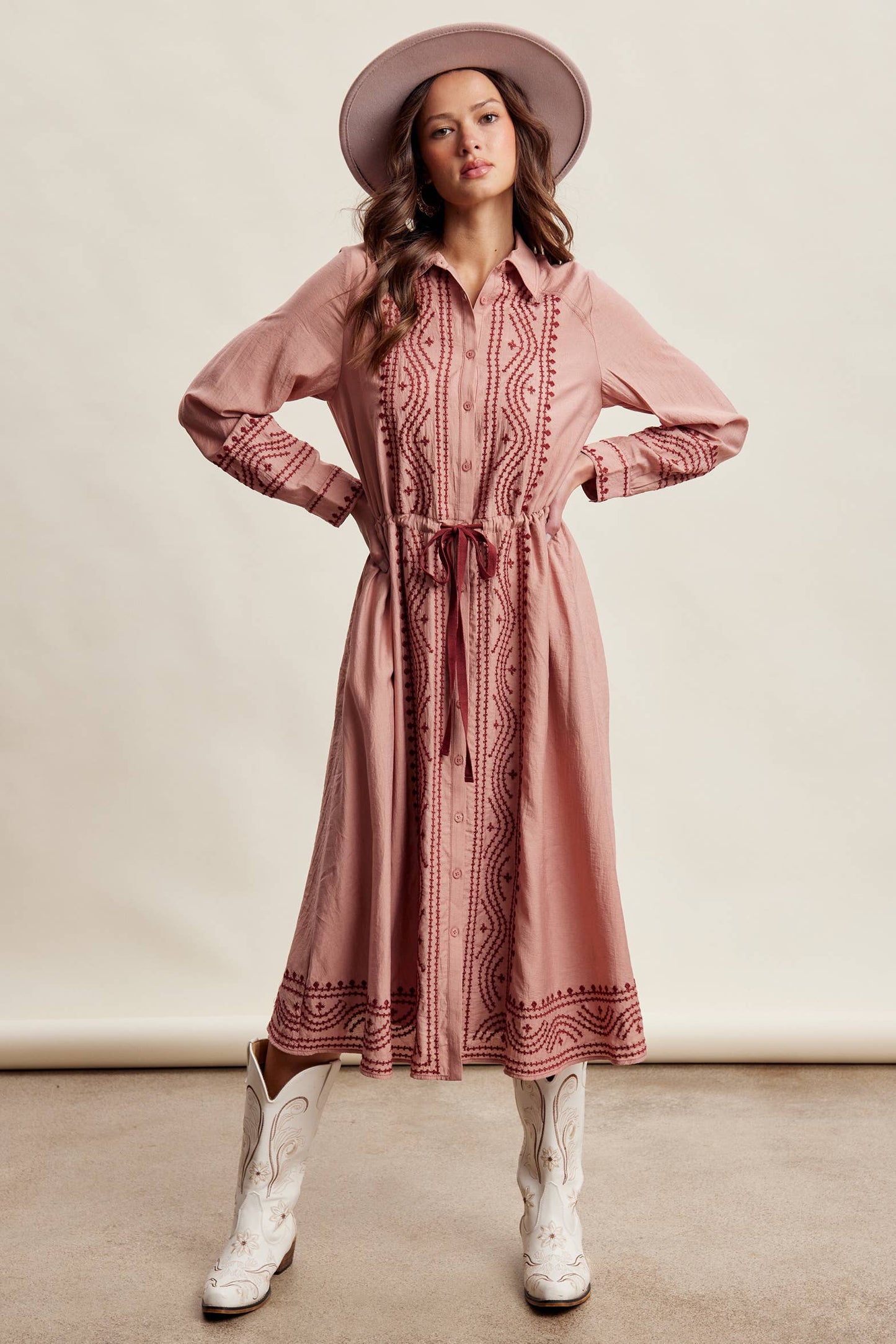 Embroidered Button Front Midi