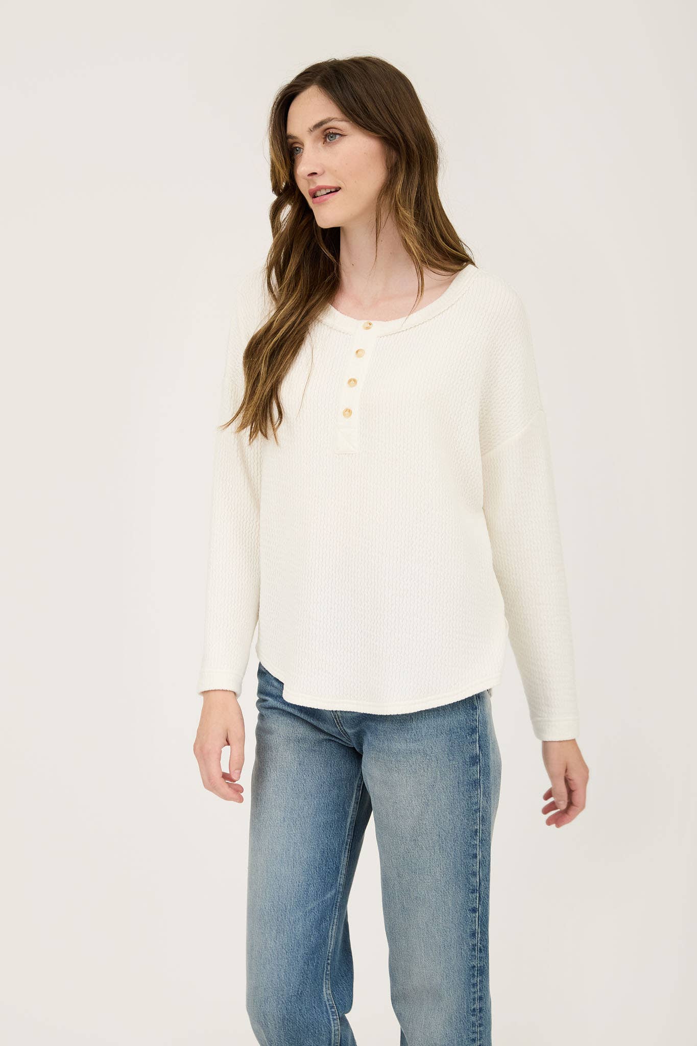 WAFFLE KNIT HENLEY LONG SLEEVE KNIT TOP (3 Colors)