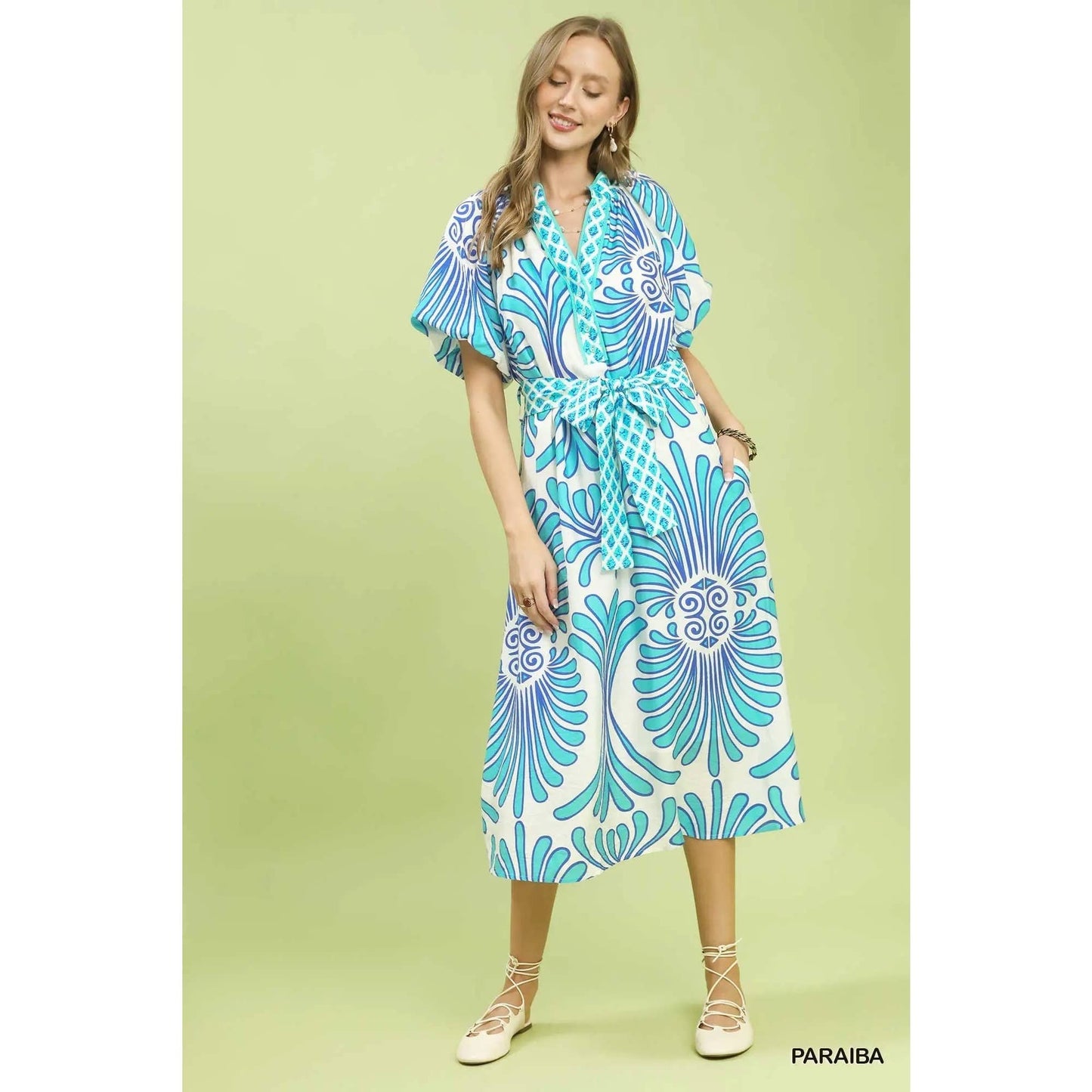 Geo Floral Belted Midi Dress