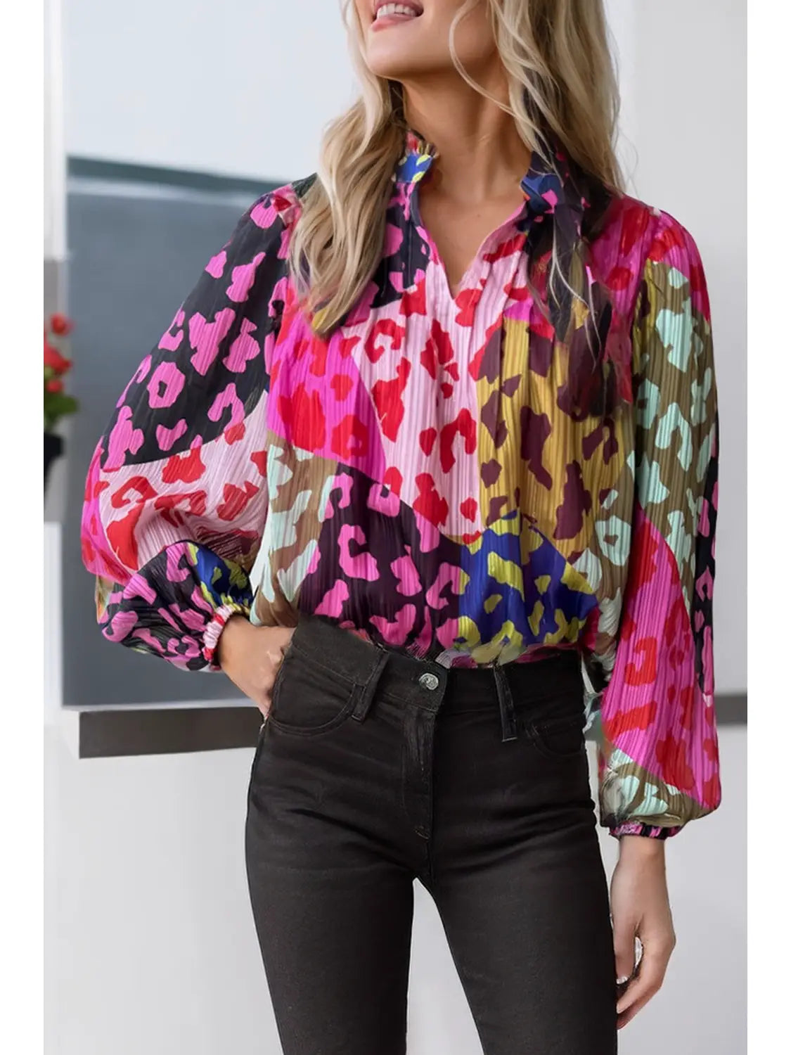 Tammy Leopard Color Block Printed Crinkle Blouse