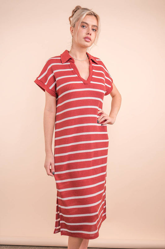Oversized Collared Striped Knit Midi Dress
