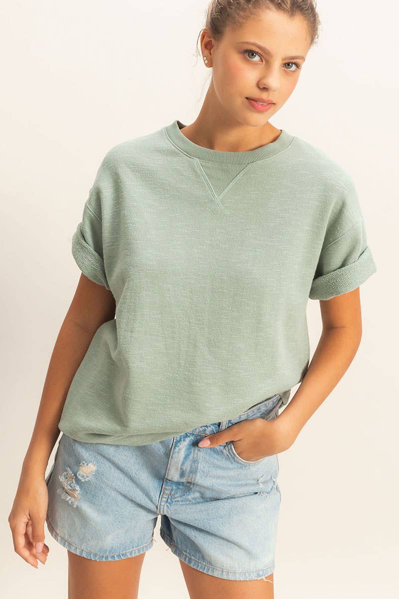 Crew Neck Short Sleeve Top (Pale Yellow or Sage Green)