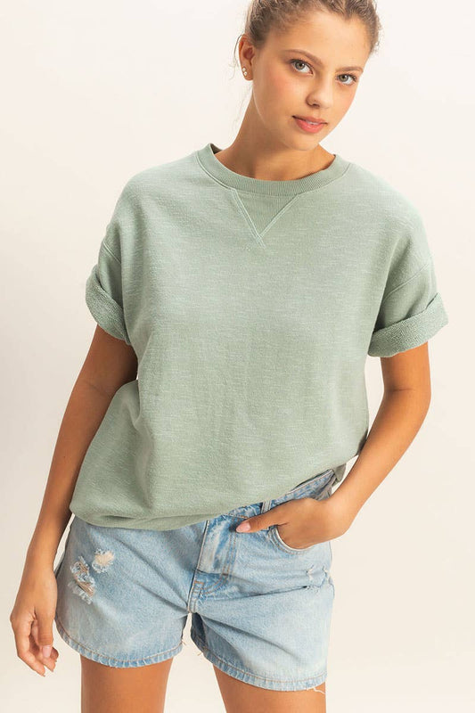 Crew Neck Short Sleeve Top (Pale Yellow or Sage Green)