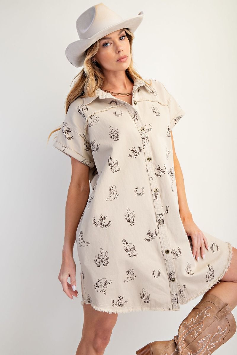 WESTERN PRINTED WASHED TWILL SHIRT DRESS