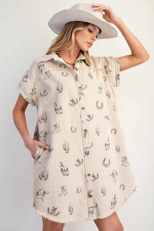 WESTERN PRINTED WASHED TWILL SHIRT DRESS