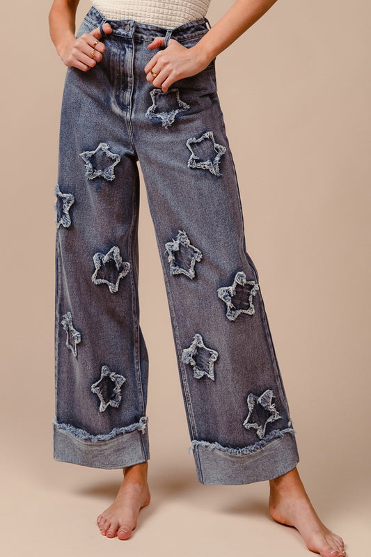 Denim Washed Star Patched Pants