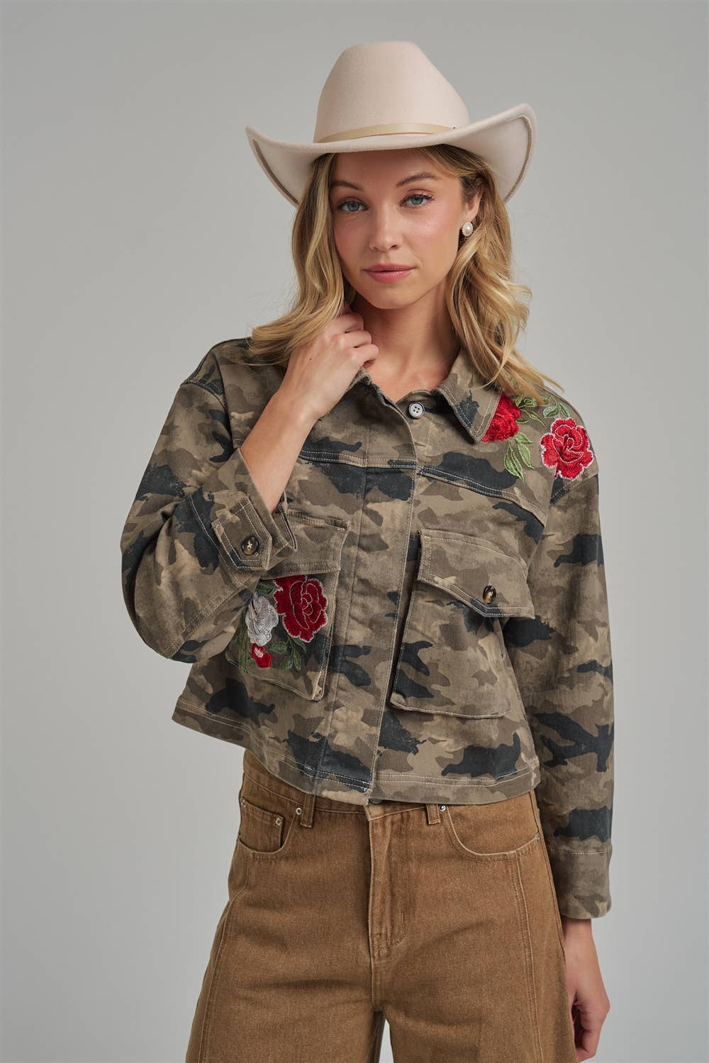 CAMOUFLAGE JACKET WITH FLORAL EMBROIDERY