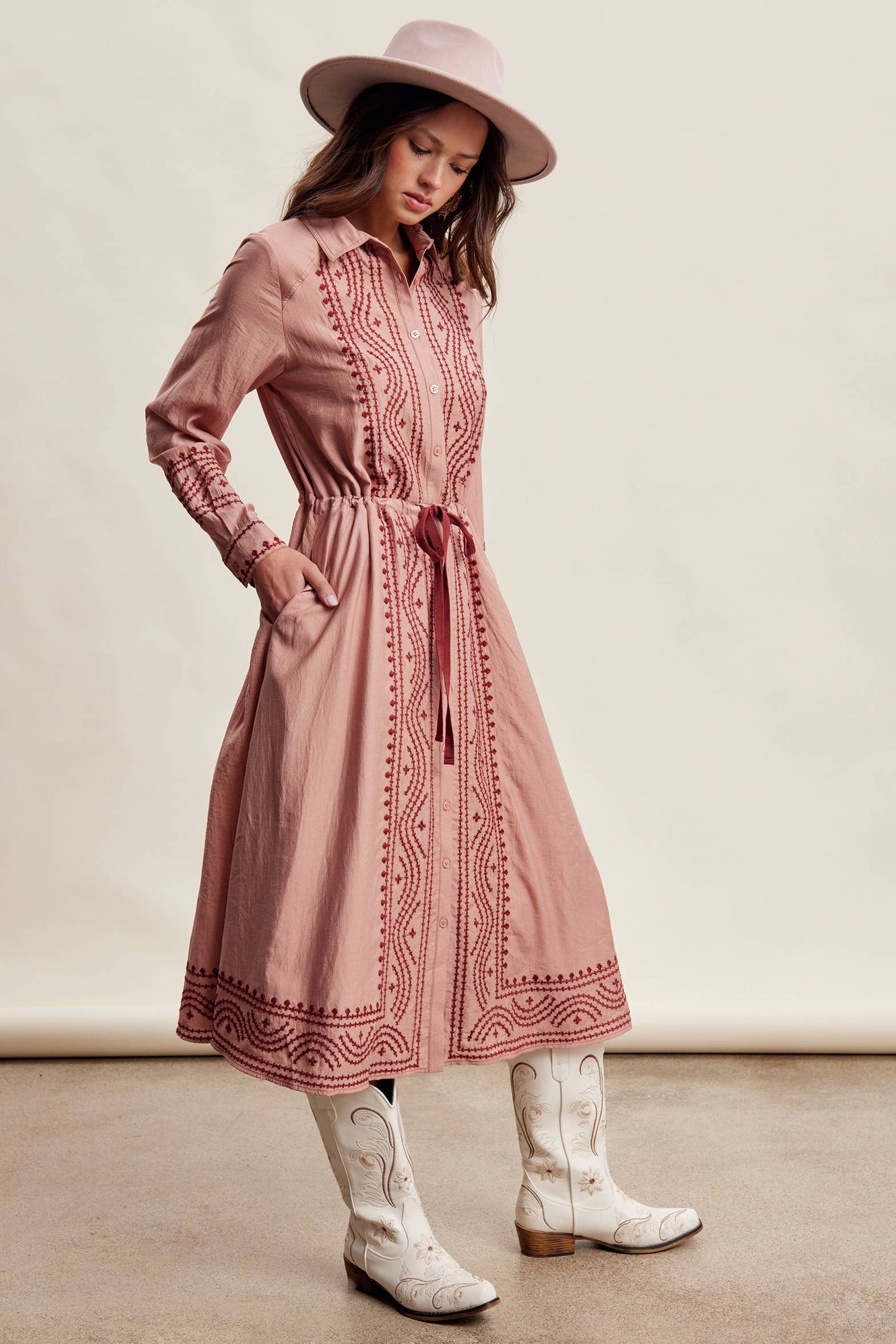 Embroidered Button Front Midi