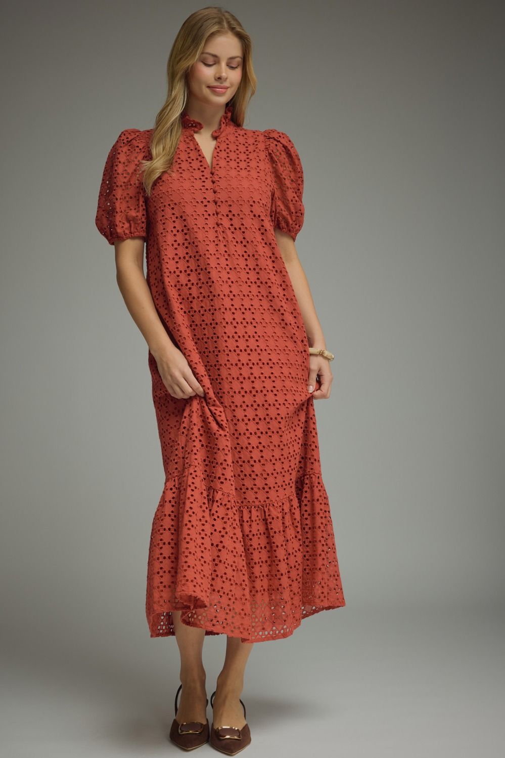 Rust Eyelet Midi Dress