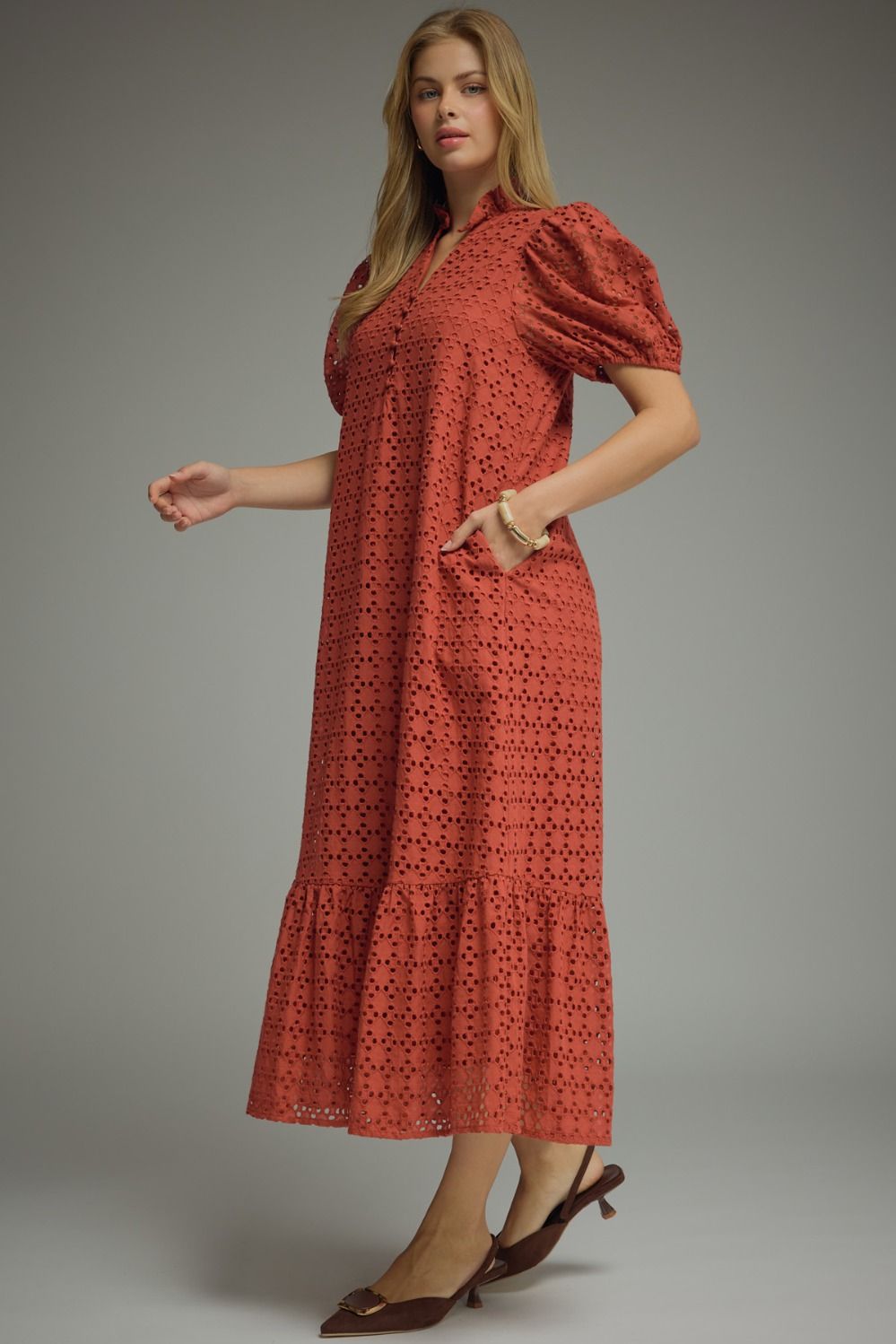 Rust Eyelet Midi Dress