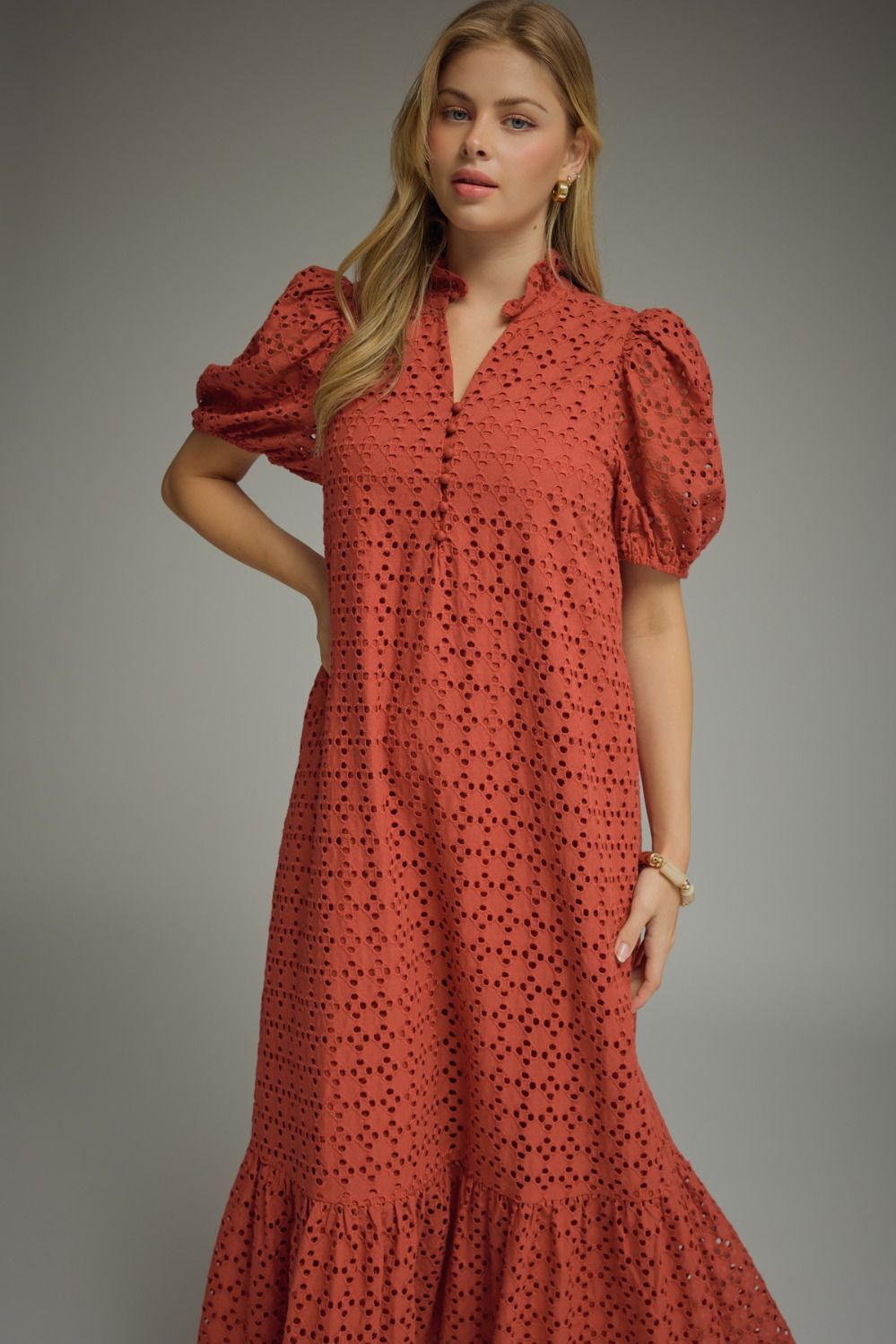 Rust Eyelet Midi Dress