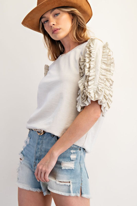 RUFFLED SLEEVES MINERAL WASHED TOP