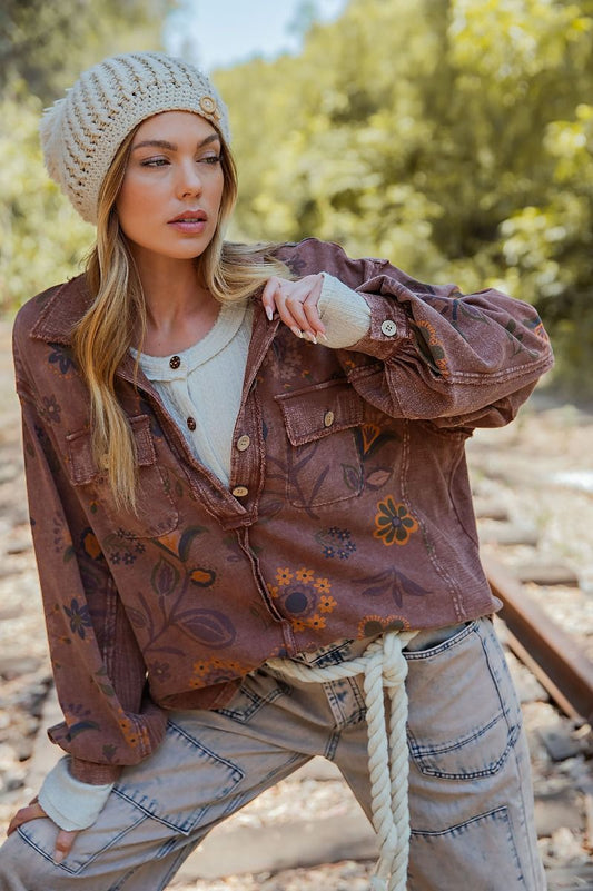 FLORAL PRINTED WASHED TERRY PULLOVER SHIRT