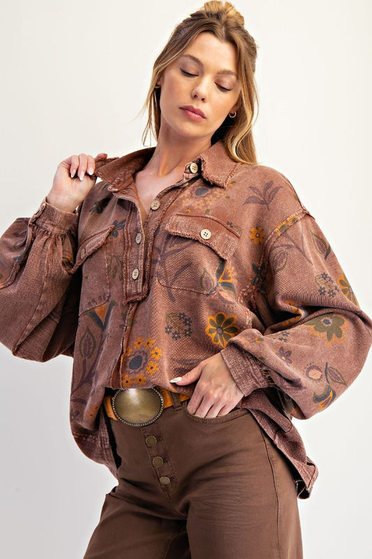 FLORAL PRINTED WASHED TERRY PULLOVER SHIRT