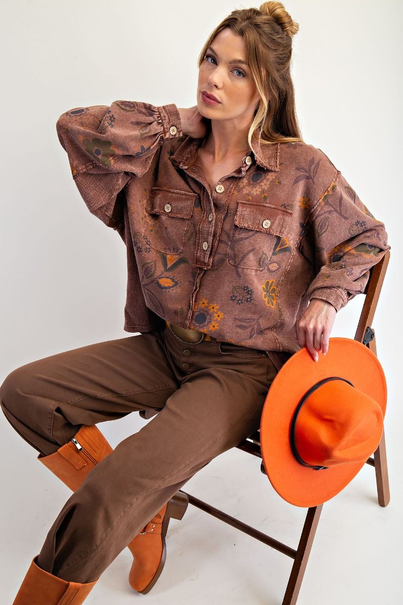 FLORAL PRINTED WASHED TERRY PULLOVER SHIRT
