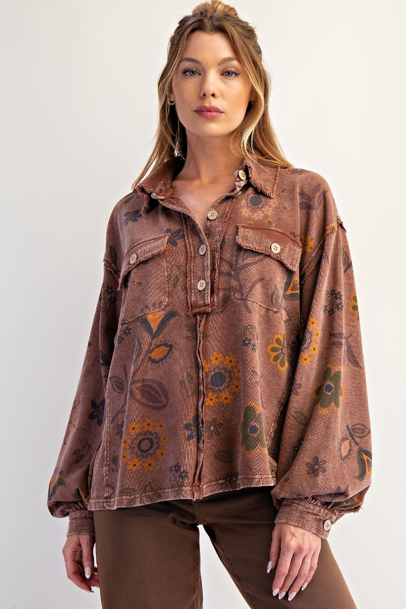 FLORAL PRINTED WASHED TERRY PULLOVER SHIRT