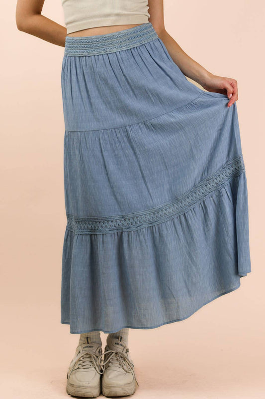 Tiered Layers Solid Woven Skirt W/ Lace Trim