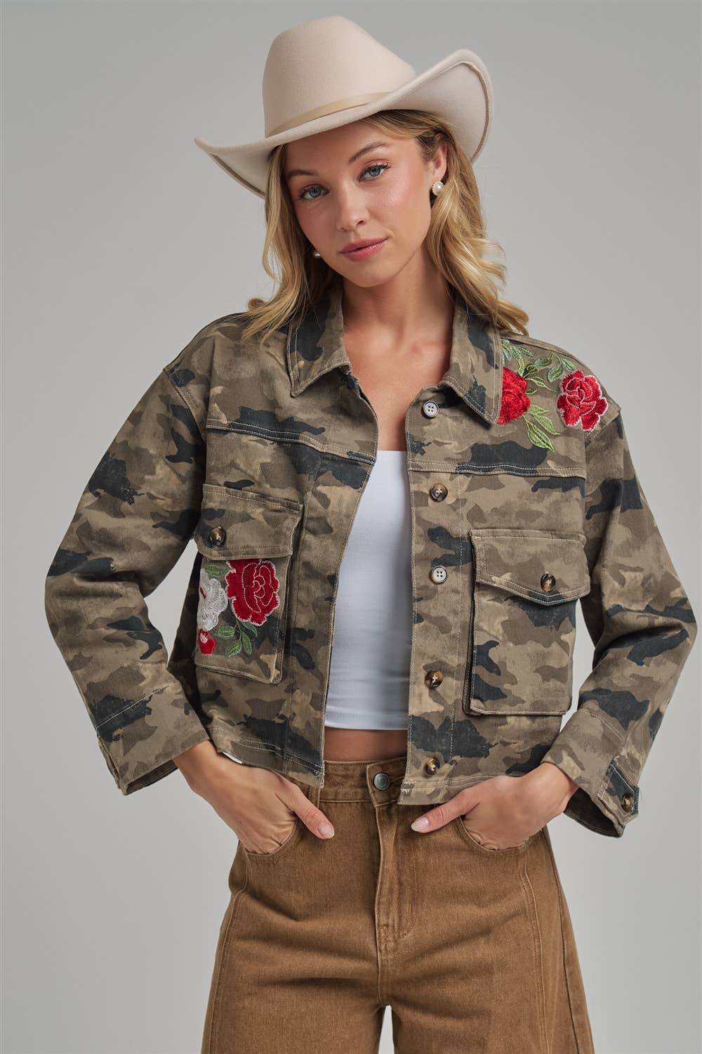 CAMOUFLAGE JACKET WITH FLORAL EMBROIDERY