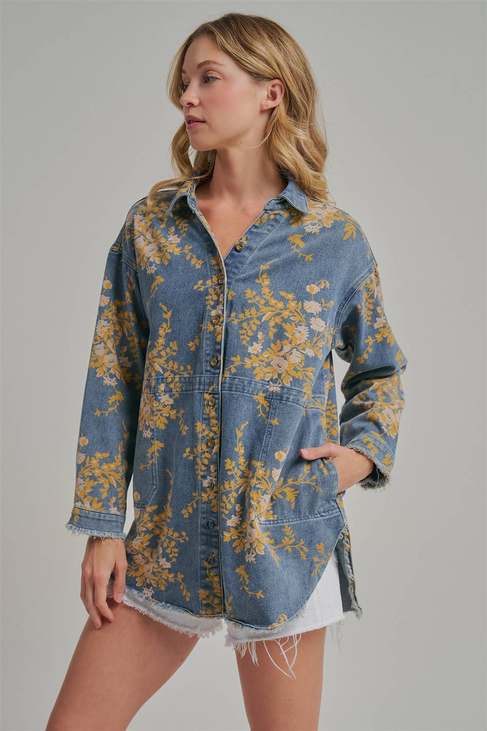 FLORAL DENIM RELAXED SHIRT TOP WITH POCKETS