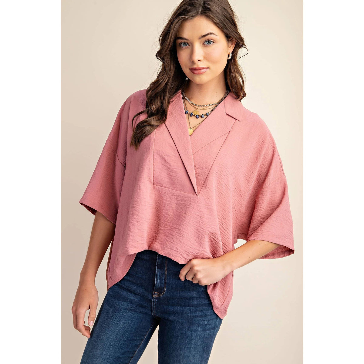 V-Neck Collared Pop Over Top-Teal or Dusty Pink