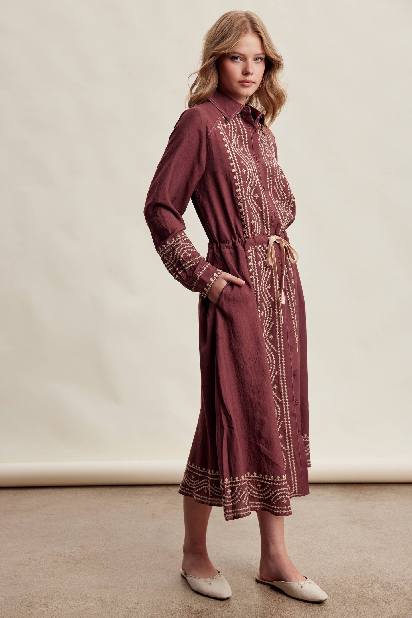 Embroidered Button Front Midi