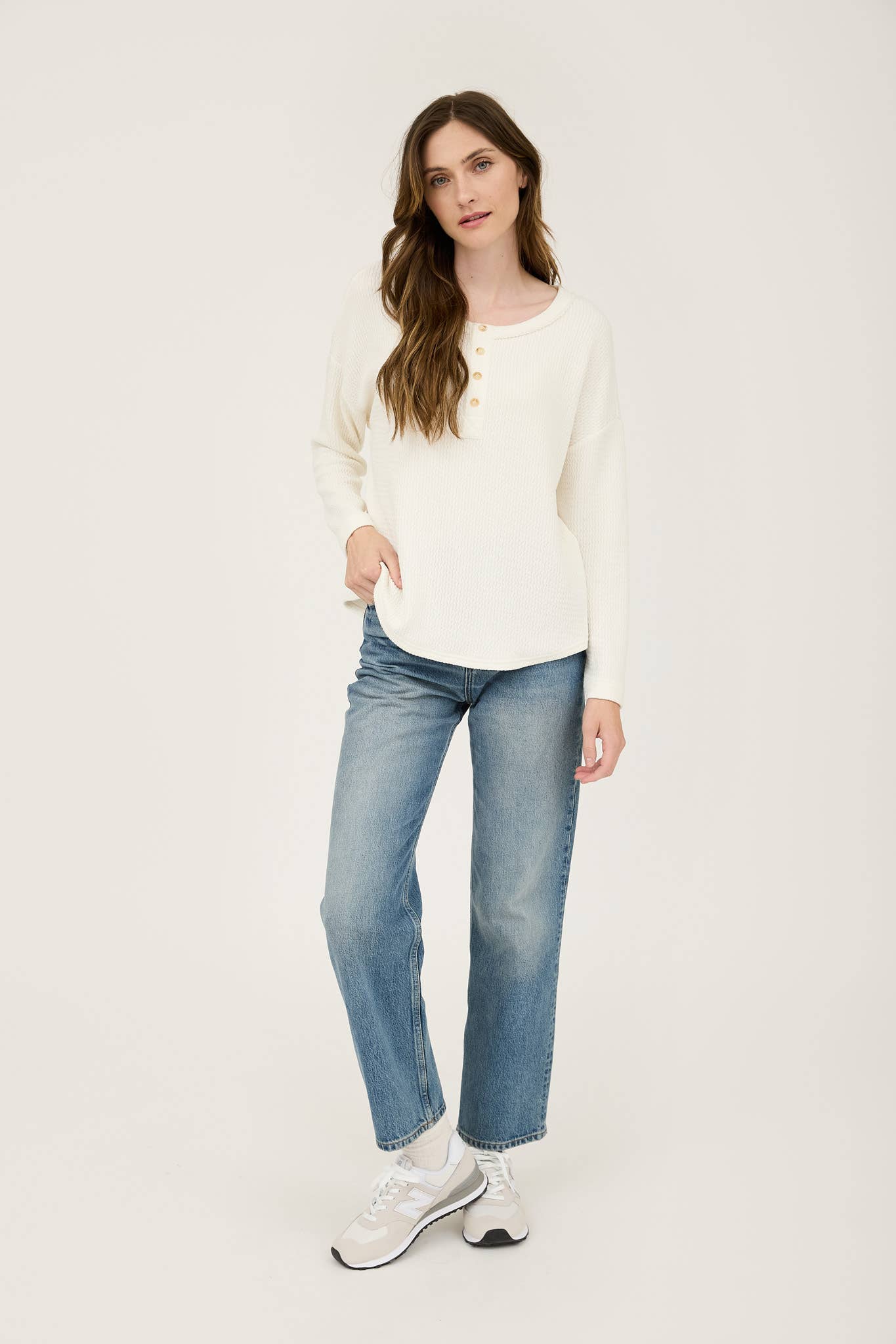 WAFFLE KNIT HENLEY LONG SLEEVE KNIT TOP (3 Colors)