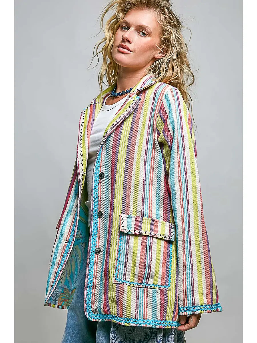 Lightweight Notch Collar Contrast Woven Button Jacket