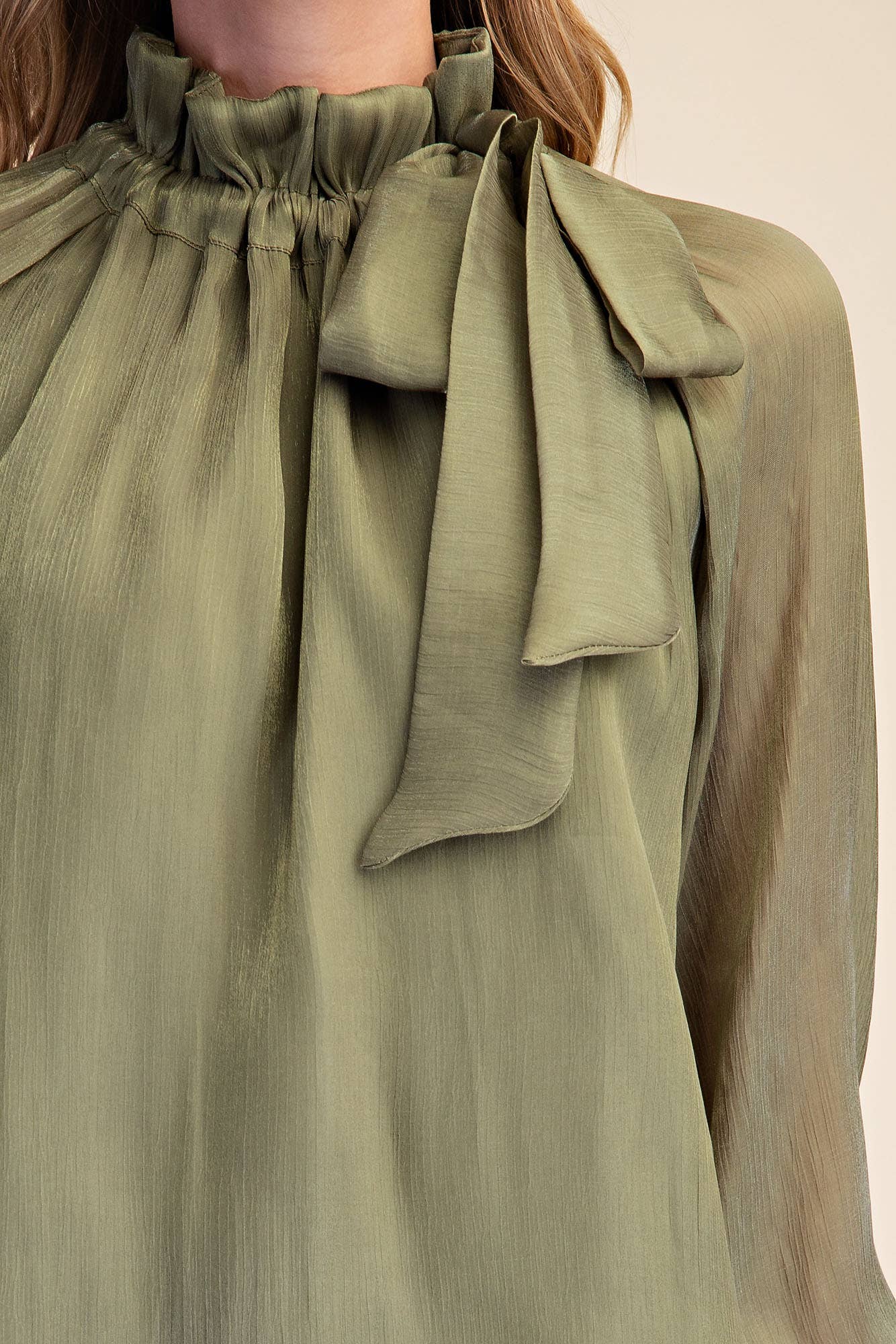 Ruffle Neck Adjustable Tie Long Sleeve Blouse