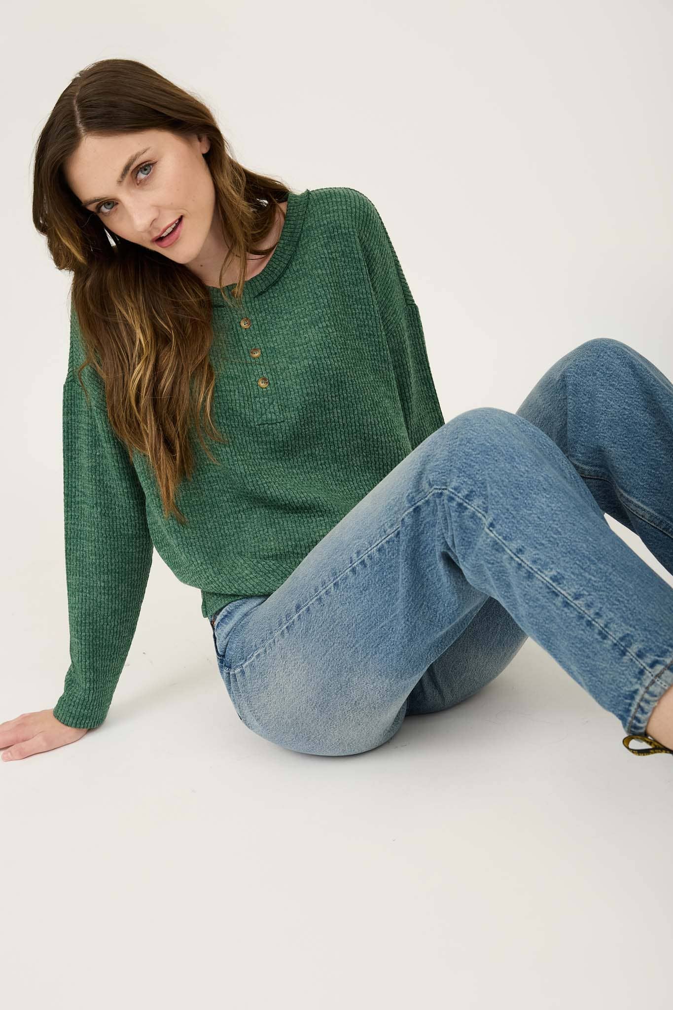 WAFFLE KNIT HENLEY LONG SLEEVE KNIT TOP (3 Colors)