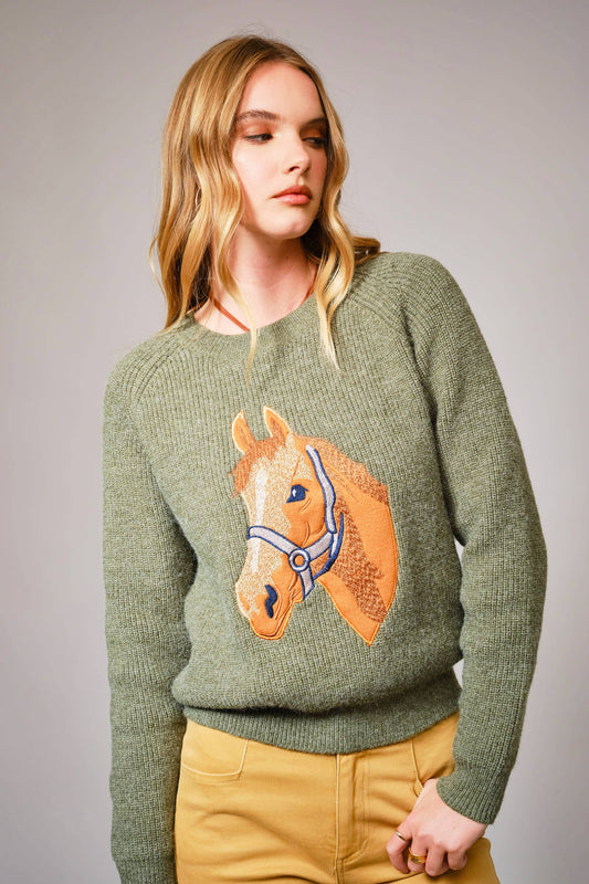 Horse Embroidery Knit Pullover Sweater