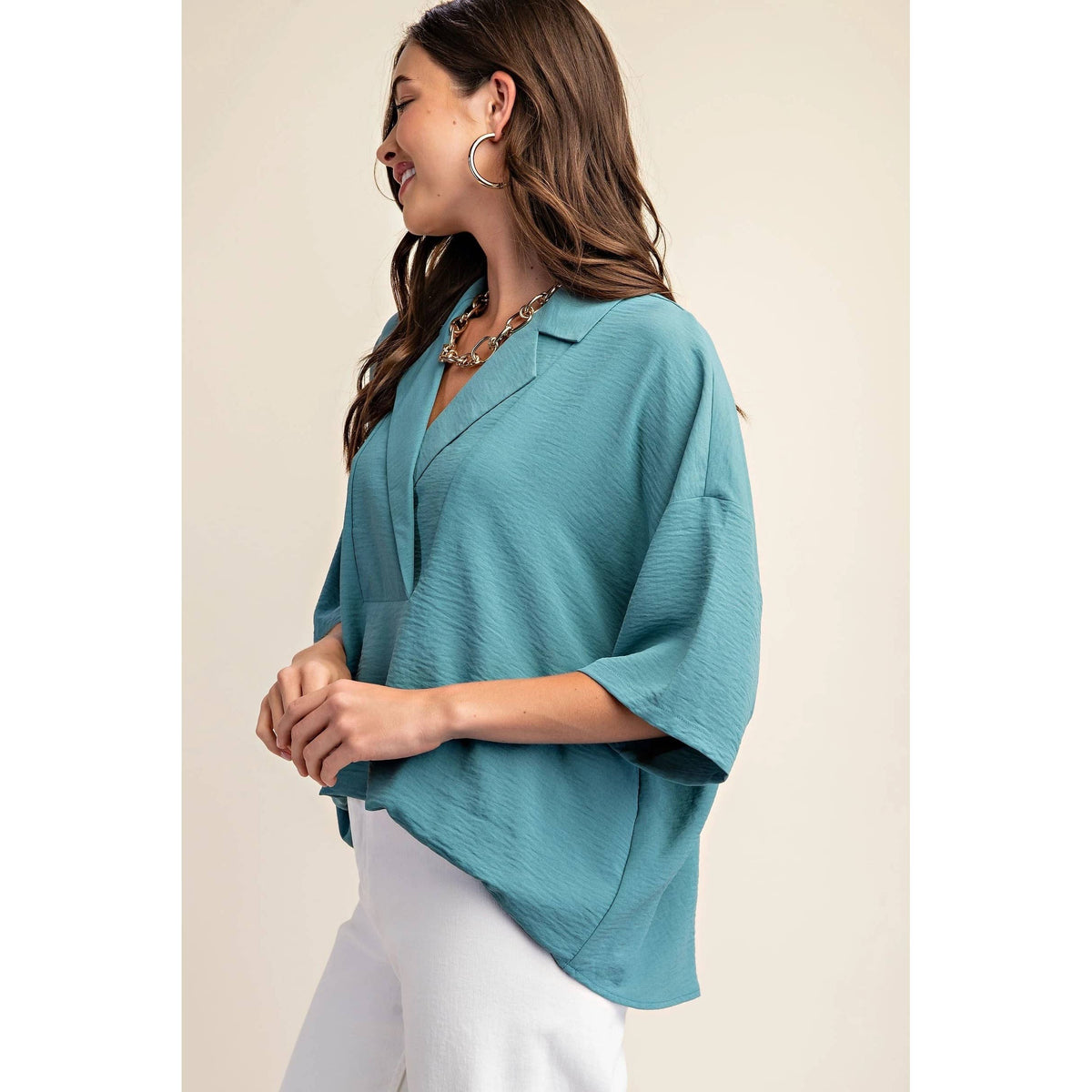 V-Neck Collared Pop Over Top-Teal or Dusty Pink