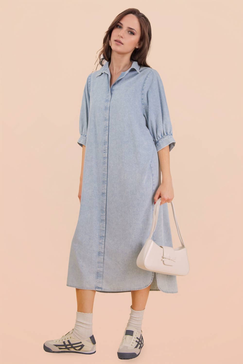 Washed Denim Casual Shirt Midi Dress