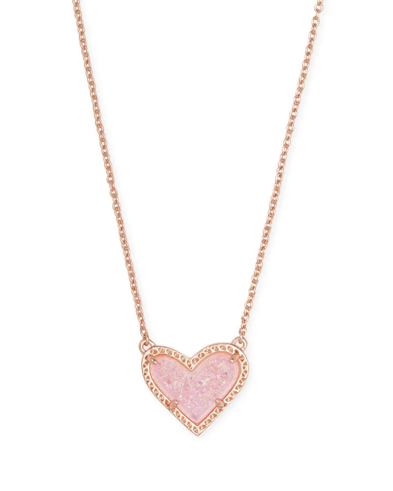 Kendra Scott Ari Heart Rose Gold Pendant Necklace in Light Pink Drusy