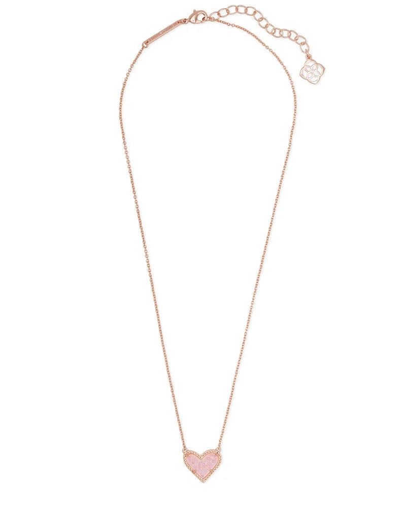 Kendra Scott Ari Heart Rose Gold Pendant Necklace in Light Pink Drusy