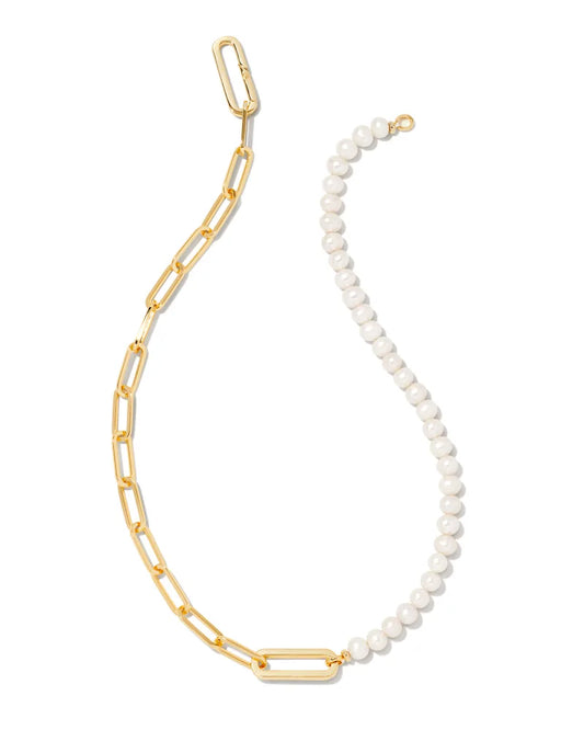 Kendra Scott Ashton Gold Half Chain Necklace in White Pearl (Gold or Silver)