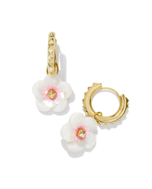 Kendra Scott Deliah Convertible Gold Huggie Earrings in Iridescent Pink White