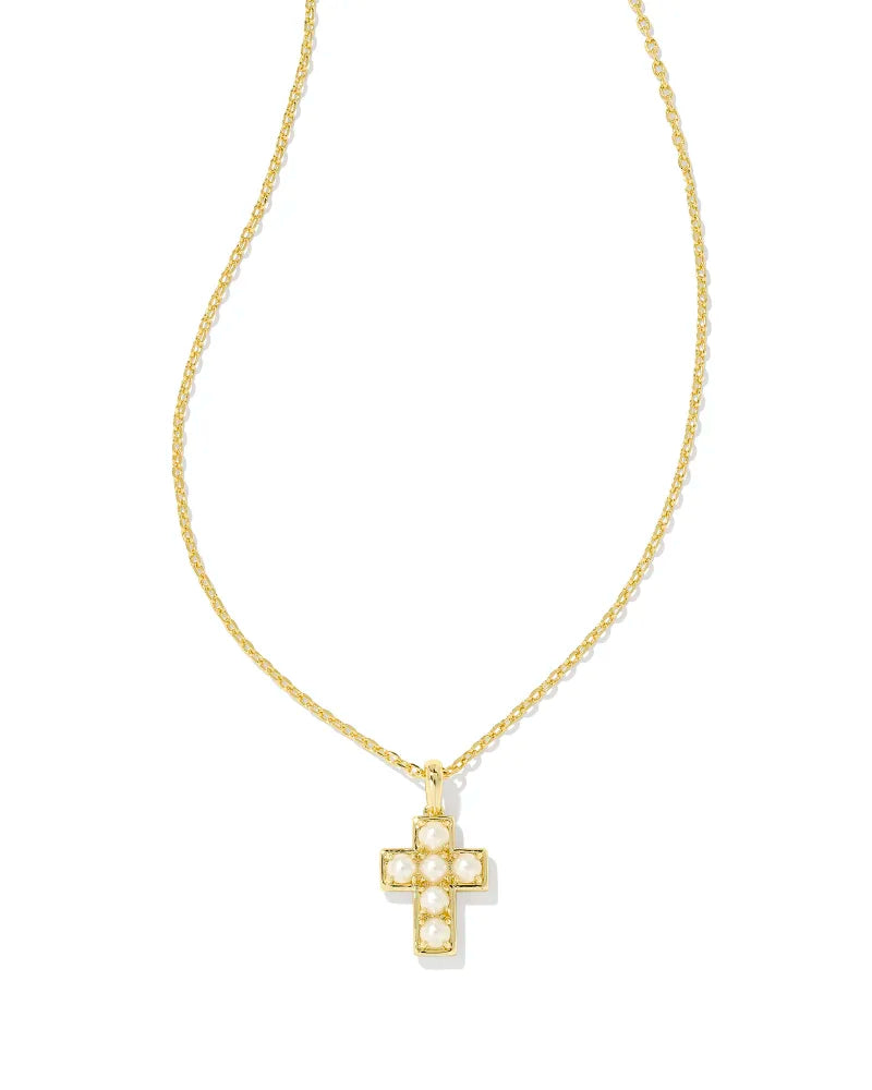 Kendra Scott Pearl Silver Cross Short Pendant Necklace in White Pearl (Gold or Silver)