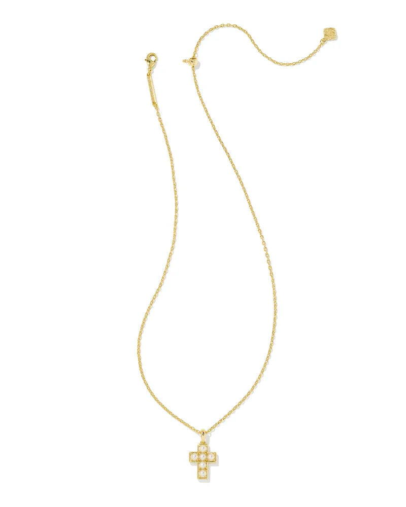 Kendra Scott Pearl Silver Cross Short Pendant Necklace in White Pearl (Gold or Silver)