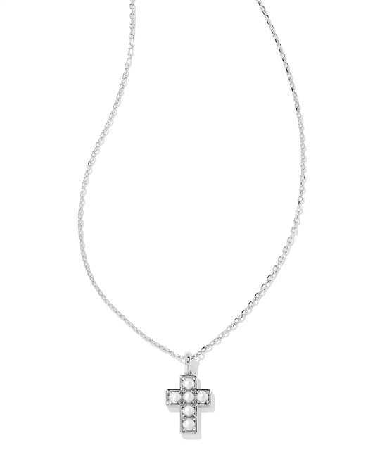 Kendra Scott Pearl Silver Cross Short Pendant Necklace in White Pearl (Gold or Silver)