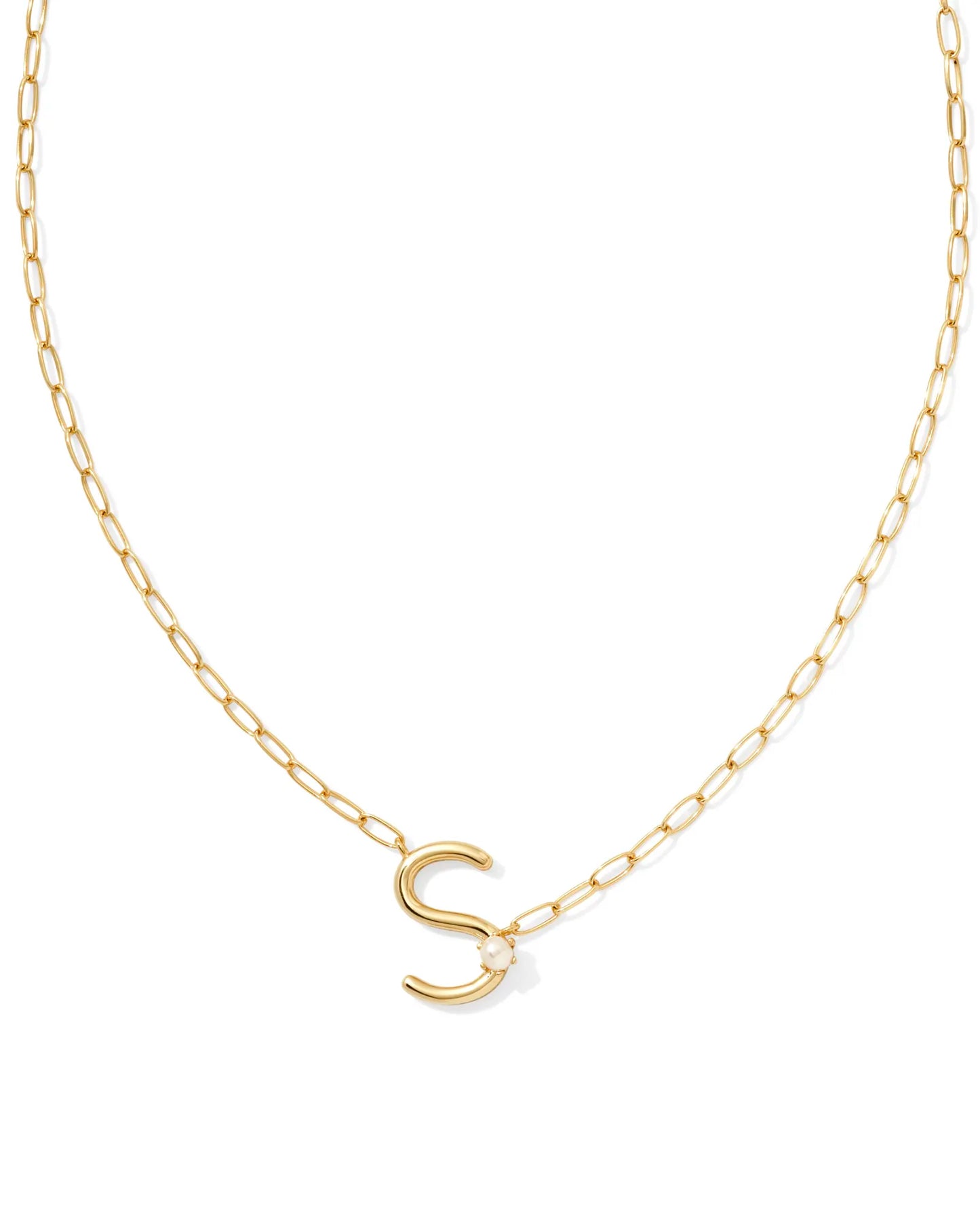 Kendra Scott Pearl Gold Letter Short Pendant Necklace in White Pearl