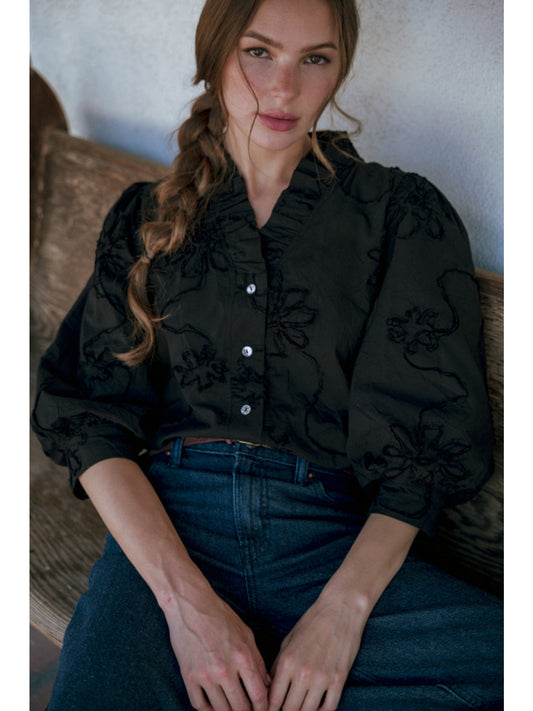 Raider Black Floral Appliqué Top