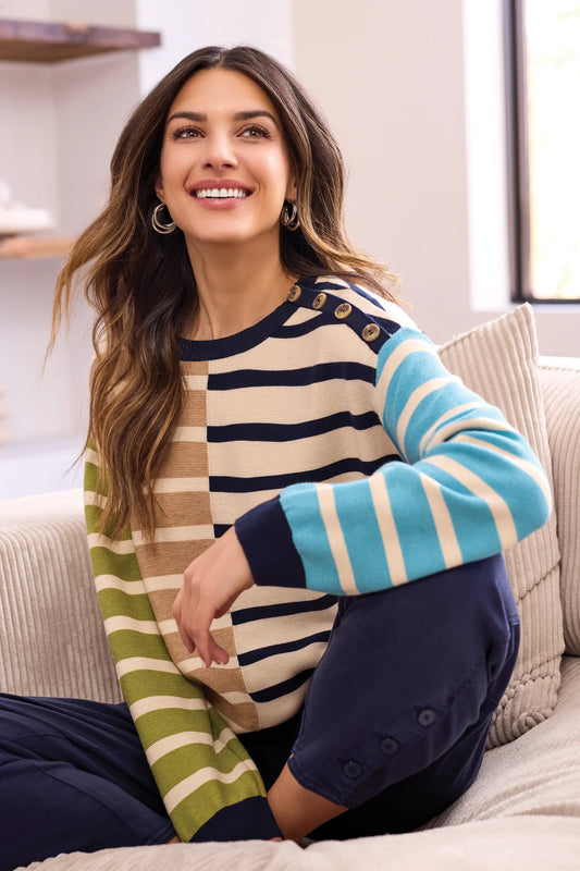 TRIBAL MULTI STRIPE LIGHTWEIGHT CREWNECK SWEATER